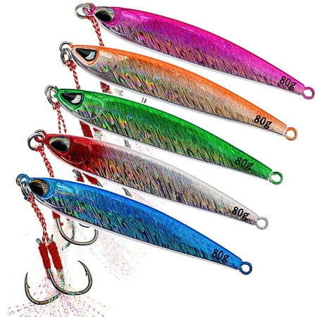 Holzlrgus 5Pcs Fishing Jigs Slow Fishing Lures with Two Feather Hooks Vertical Jigging Spoon for Saltwater Tuna Grouper Snapper Bass Salmon/80g