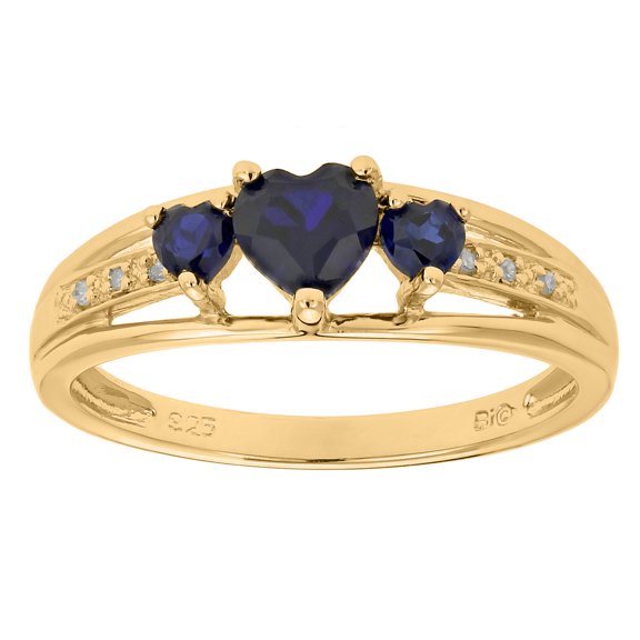 .90 Ct Triple Heart Blue Sapphire .018 cttw Diamond Gold Plated Silver Ring 6