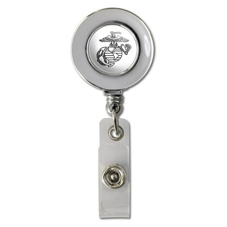 Id Anchor - Marine Corps USMC Black White Eagle Globe Anchor Logo Officially Licensed Retractable Reel Chrome Badge ID Card Holder Clip