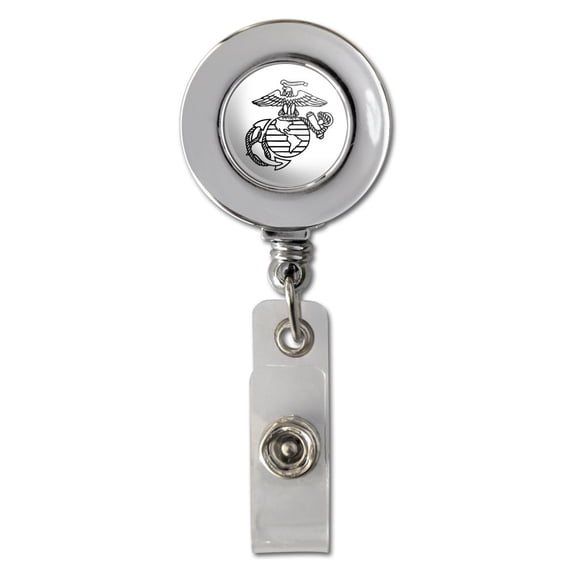Marine Corps USMC Black White Eagle Globe Anchor Logo Officially Licensed Retractable Reel Chrome Badge ID Card Holder Clip