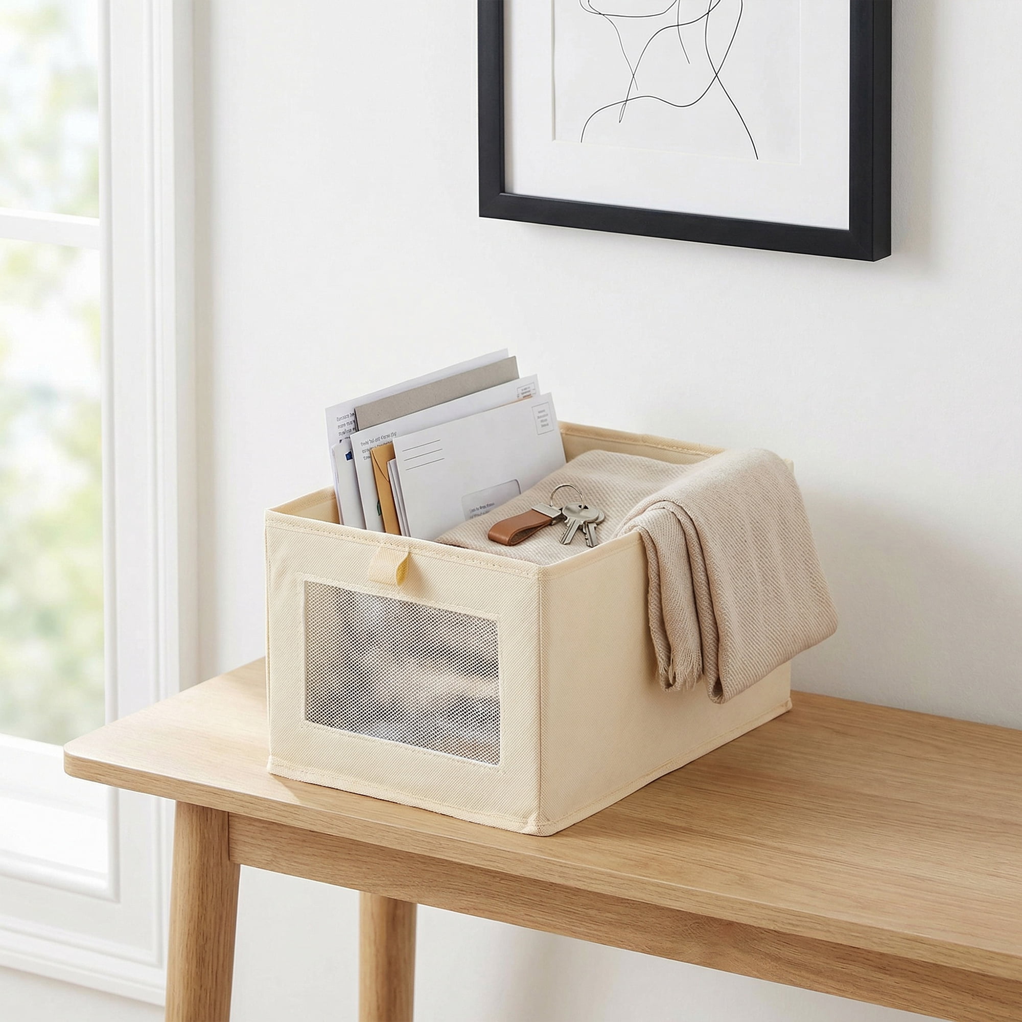 Unique Bargains 3pcs Storage Cube Fabric Storage Bins Beige 14.2*9.8*7.9in