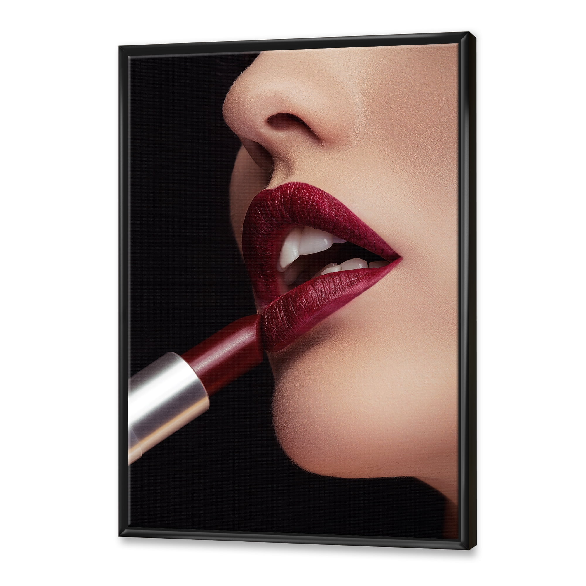 Woman Applying Red Lipstick On Lips I 12 in x 20 in Framed Photography Canvas Art Print, by Designart