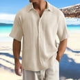 thumbnail image 6 of Men's Short Sleeve Button Down Shirt, Cotton Solid Color Textured Pleated Casual Shirt, Lightweight Loose Fit Beach Vacation Top for Men, Double Layer Crinkle Shirt Beige L, 6 of 10