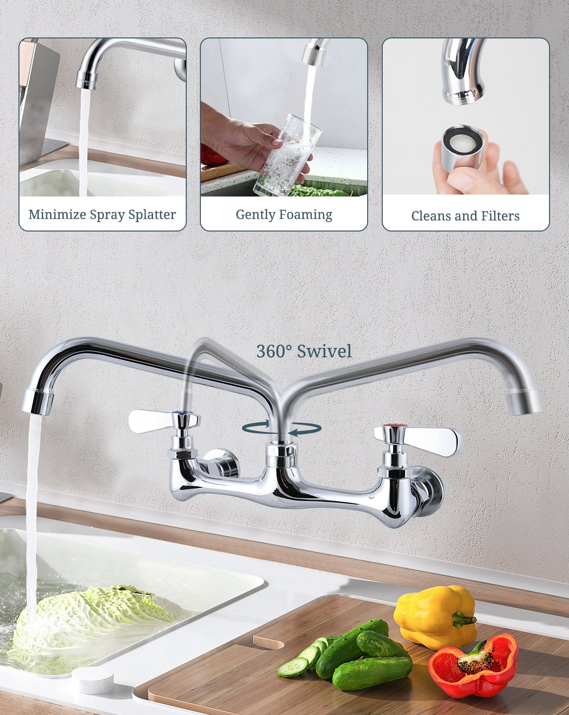 Commercial Faucet Parts 8 Inch Swivel Spout Replacement Kit for Most Brands Commercial Kitchen Sink Faucet 1.8 GPM Stainless Steel Swivel Swing Add-on Nozzle for 2 or 3 Bay Compartment Sinks