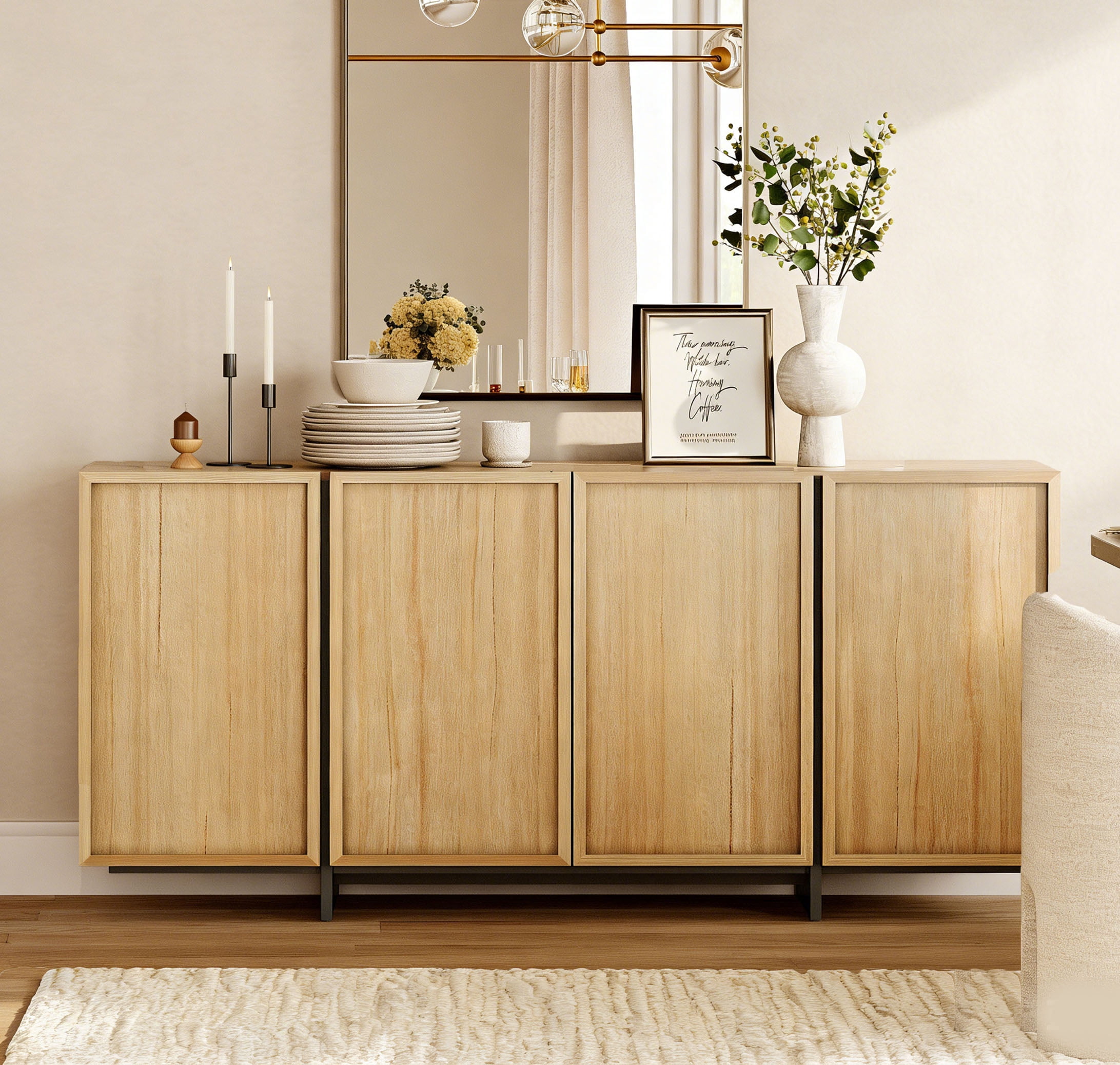WAMPAT Multifunctional Sideboard Buffet Cabinet, Modern Storage Cabinet with 3 Large Storage Spaces, Coffee Bar Cabinet for Living Room and Kitchen, Oak