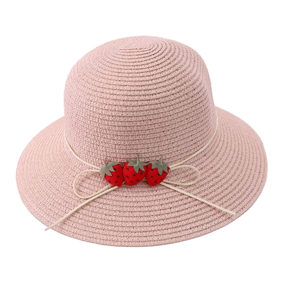52-54 cm hat circumference children's straw hat cute strawberry big brimmed sun hat summer hat sunscreen fisherman hat travel sunshade - pink