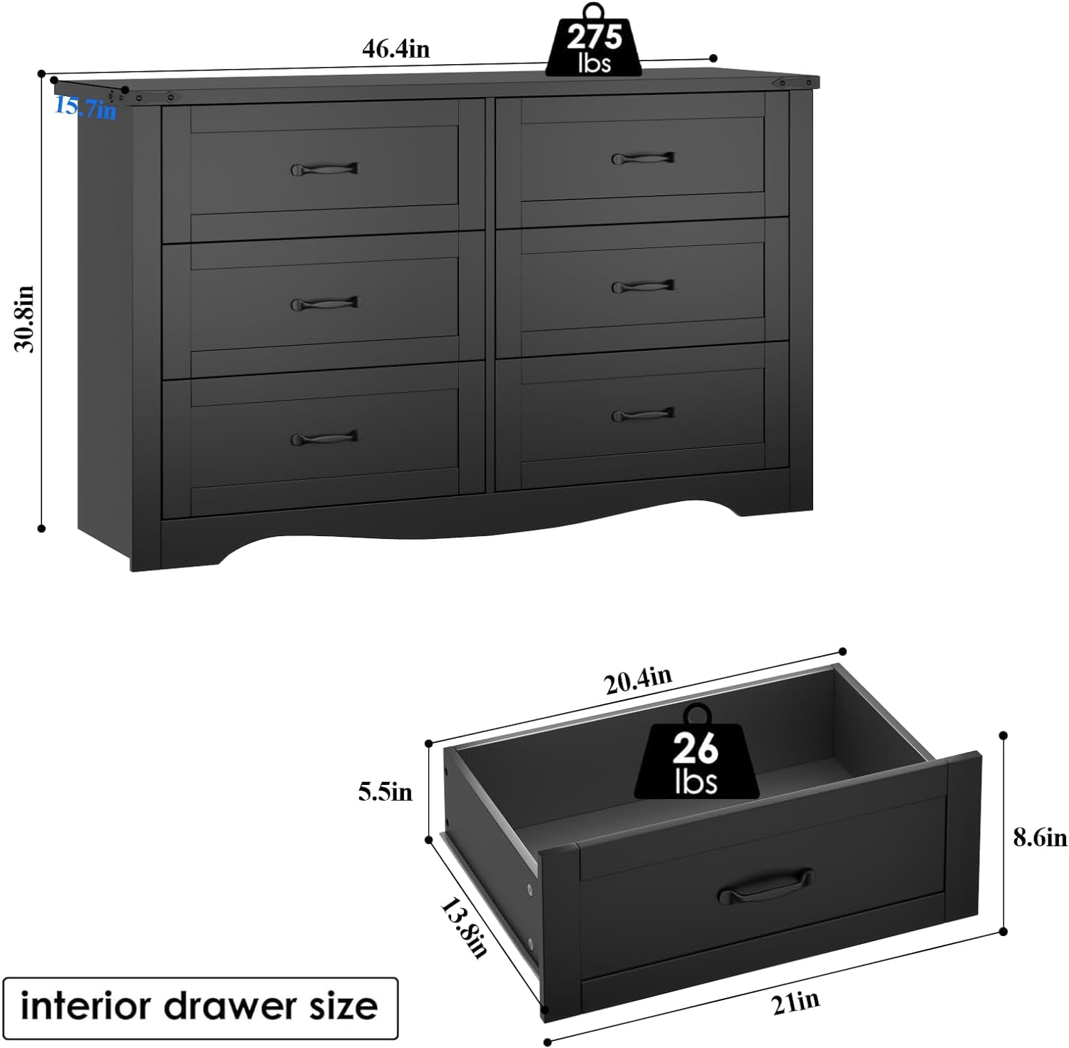 Loomie Farmhouse 6-Drawer Double Dresser, Modern Bedroom Storage Cabinet, Black - Walmart.com Loomie Farmhouse 6-Drawer Double Dresser, Modern Bedroom Storage Cabinet, Black - Walmart.com