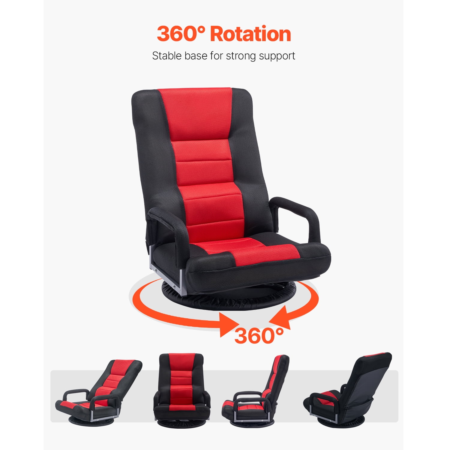KFFKFF Rotating Floor Game Chair with Armrests, 6 Variable Backrest Positions and Support for Lower Back, Collapsible Multimedia Lounging Chair, Red Black