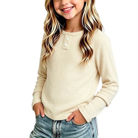 JOANKDMI Long Sleeve Henley Shirts for Girl 2 Ribbed Button Down Casual Pullover Tops Fall Winter Basic Tees School Clothes Fashion Activewear Slim Fit Soft Comfy Blouse