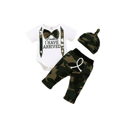 

jaweiw Newborn Baby Boys Clothes Set Letter Print Short Sleeve Romper with Bow + Camouflage Long Pants+Hat