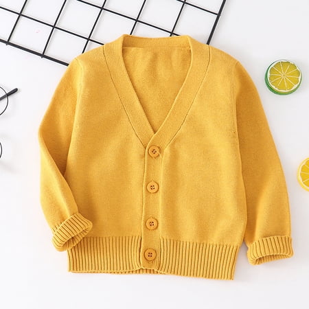 Cethrio Kids Girls Knit Cardigans Buttons Long Sleeve Solid Color Casual Girls Sweaters Yellow Size 5T