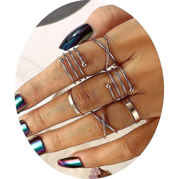 6-16 anillos apilables para nudillos para mujeres, adolescentes y niñas, anillos de dedo vintage bohemios, apilables, anillos midi dorados y plateados, juego de anillos múltiples, tamaño 5-1