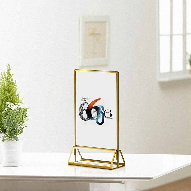 Houseables Acrylic Sign Holders, Double Sided Picture Frames, 5 inch x 7 inch, 6 pk, Gold Finish, Clear, Vertical Photo Stand, for Table Numbers