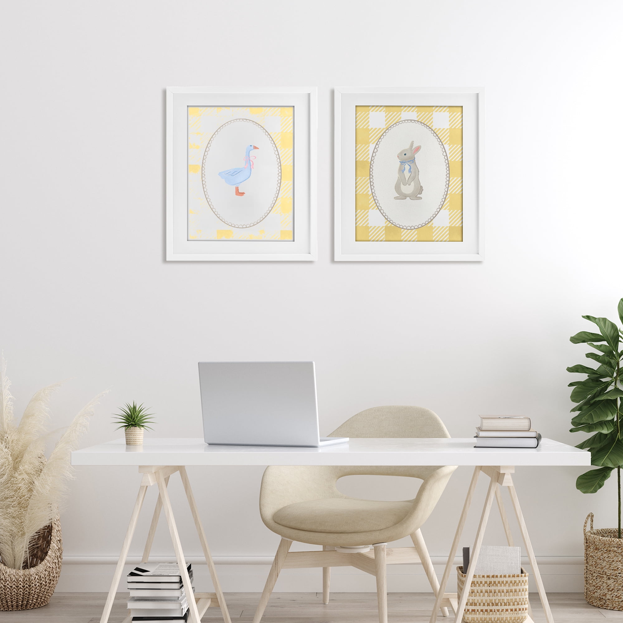 Stupell Industries Goose & Bunny Yellow Gingham 2 Piece White Framed Print Under Glass Set, design by The Paper Curator