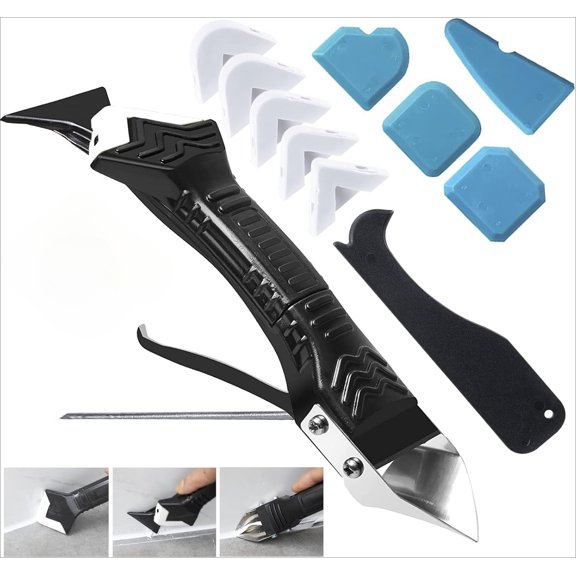 Caulking Tool 5 in 1 Silicone Caulking Grout Removal Tool Sealant Finishing Tool with Grout Scraper, 6 Exchange Silicone Pads, Adhesive Residue Scraper Seam Repair Tool Kit for Kitchen Bathroom