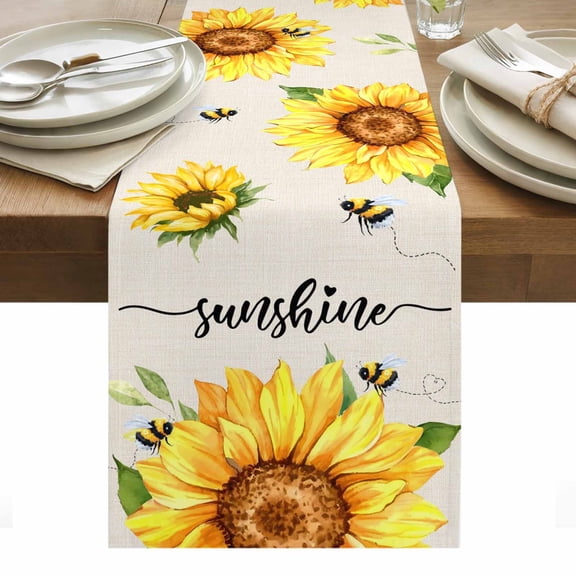Sunflowers Table Runner - 48 Inch Long, Kitchen Dining Table Runner Dresser Scarves, Farmhouse Bees Vintage Sunshine Summer Farmhouse Decor for Coffee Tables Wedding Party Banquet