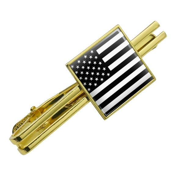 Subdued American USA Flag Black White Military Tactical Square Tie Bar Clip Clasp Tack- Silver or Gold