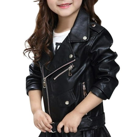 

Sodopo Baby Girls Kids Outfits Spring Autumn Motorcycle PU Faux Leather Lapel Jacket Oblique Zipper Outerwear Winter Coat for 3-13Y