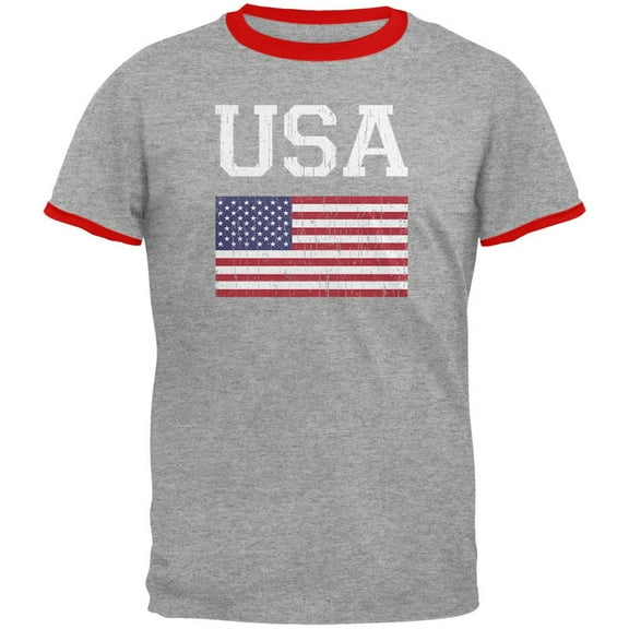 World Cup Distressed Flag USA Mens Ringer T Shirt Heather-Red SM