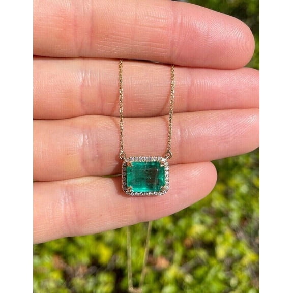 3.35Ct Emerald Cut CZ Green Emerald Diamond Halo Pendant Yellow Gold Plated