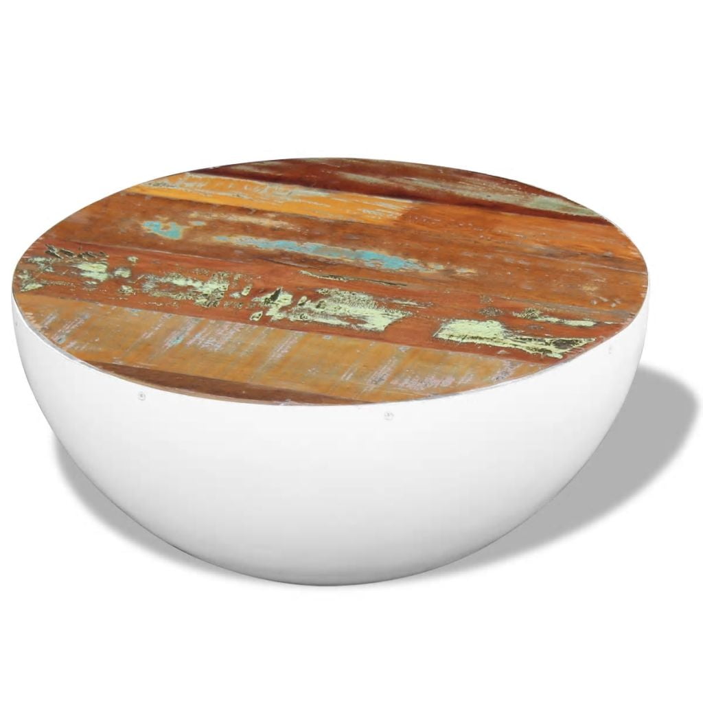 Kepooman 19.7" Vintage Bowl-Shaped Reclaimed Wood Coffee Table with Steel Base, White