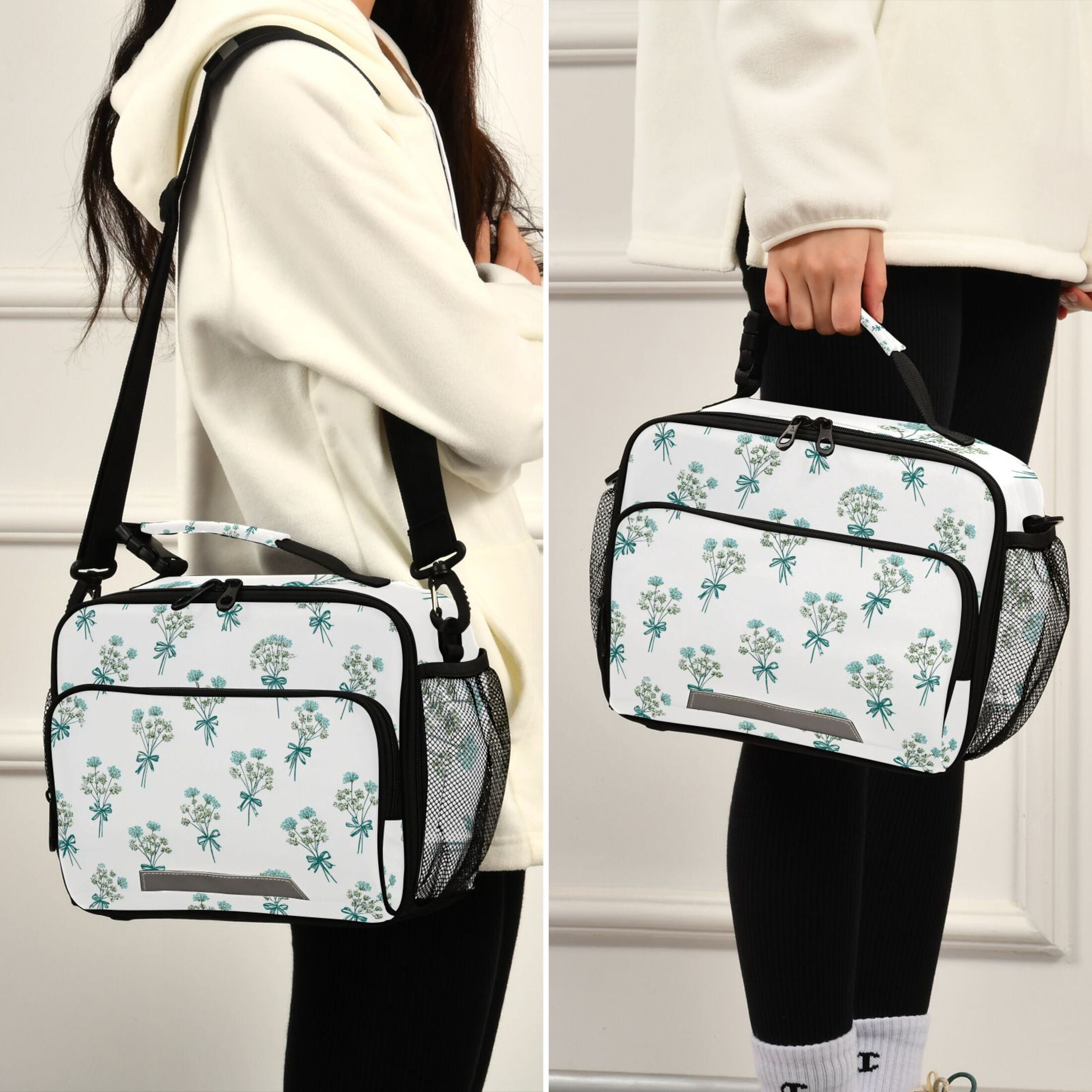 Blue Bowknots Tie on Flowers Insulated Lunch Bag Portable Cooler Bag Mommy Bag Large Capacity 6L