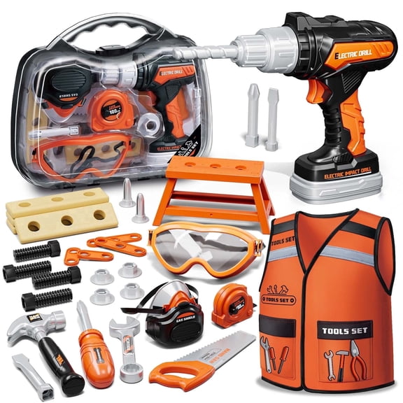 Sunnytoy Toddler Tool Set, Kids Tool Set with Toy Drill, Tools for Kids with Tool Box and Vest, Toys for 3 Year Old Boys