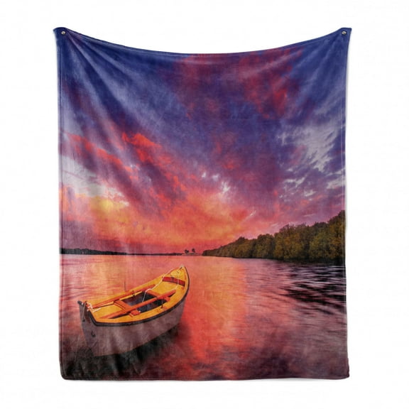 Sunset Soft Flannel Fleece Throw Blanket, Enchanted Coast with a Rowboat Under Hazy Sky Peaceful Nature Image, Cozy Plush for Indoor and Outdoor Use, 50" x 60", Pink and Purple, by Ambesonne