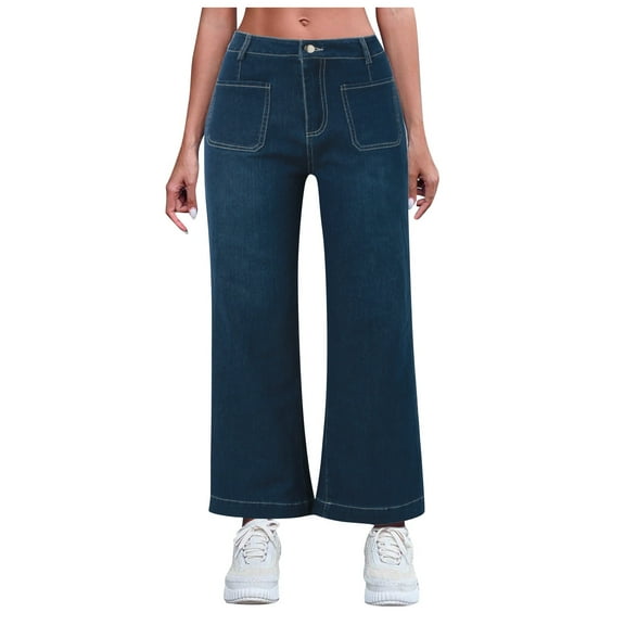 SRZYMJ Wide Leg Jeans for Women Trendy High Waisted Flare Jeans Cropped Denim Pants Stretchy Baggy with Patch Pockets