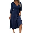 thumbnail image 2 of Dresses for Women no boundaries 3/4 Sleeve High Waist Solid V-Neck Midi Dress Navy S, 2 of 6