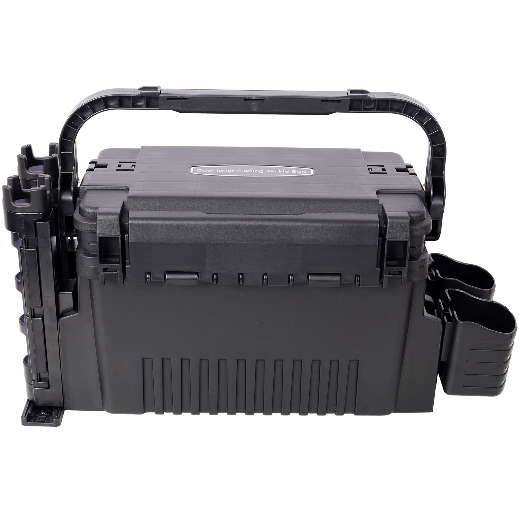 Large Dual-Layer Fishing Tackle Box Organizer With 2 Rod Holders And Cup Holders For Outdoor Fishing Adventures