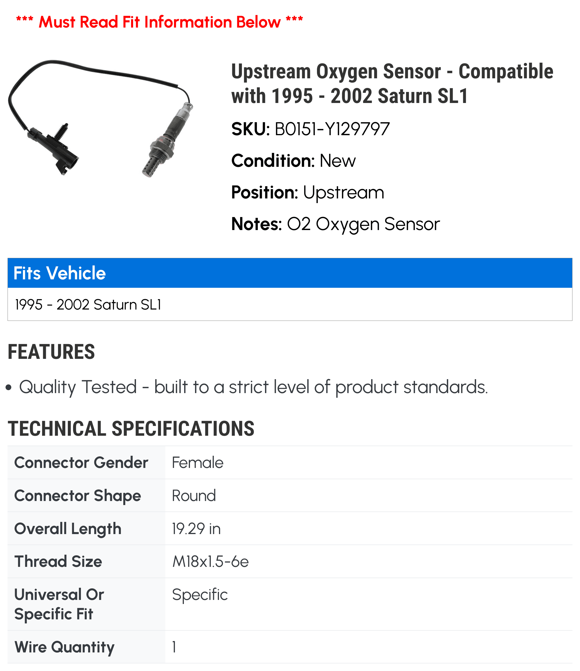 Upstream Oxygen Sensor - Compatible with 1995 - 2002 Saturn SL1 1996 1997 1998 1999 2000 2001