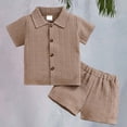 thumbnail image 2 of CPNG Toddler Baby Boys Girls Summer Sports Clothes Solid Color Short Sleeve Lapel Button Shirt and Shorts 2Pcs Set(Coffee,6-12 Months), 2 of 5
