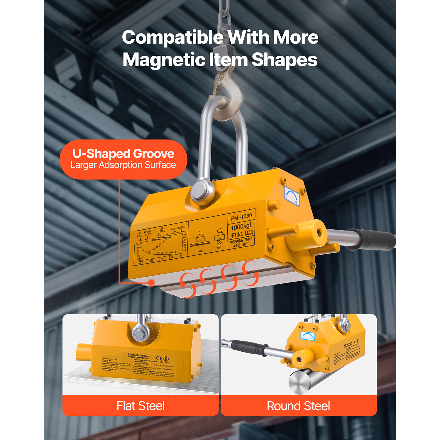 KFFKFF Permanent Magnetic Lifter, 2200 lbs Capacity, Durable N42 Neodymium Magnet with Release Handle and Steel Hook, Suitable for Shop Cranes and Hoists, Ideal for Lifting Steel Plates and Boards