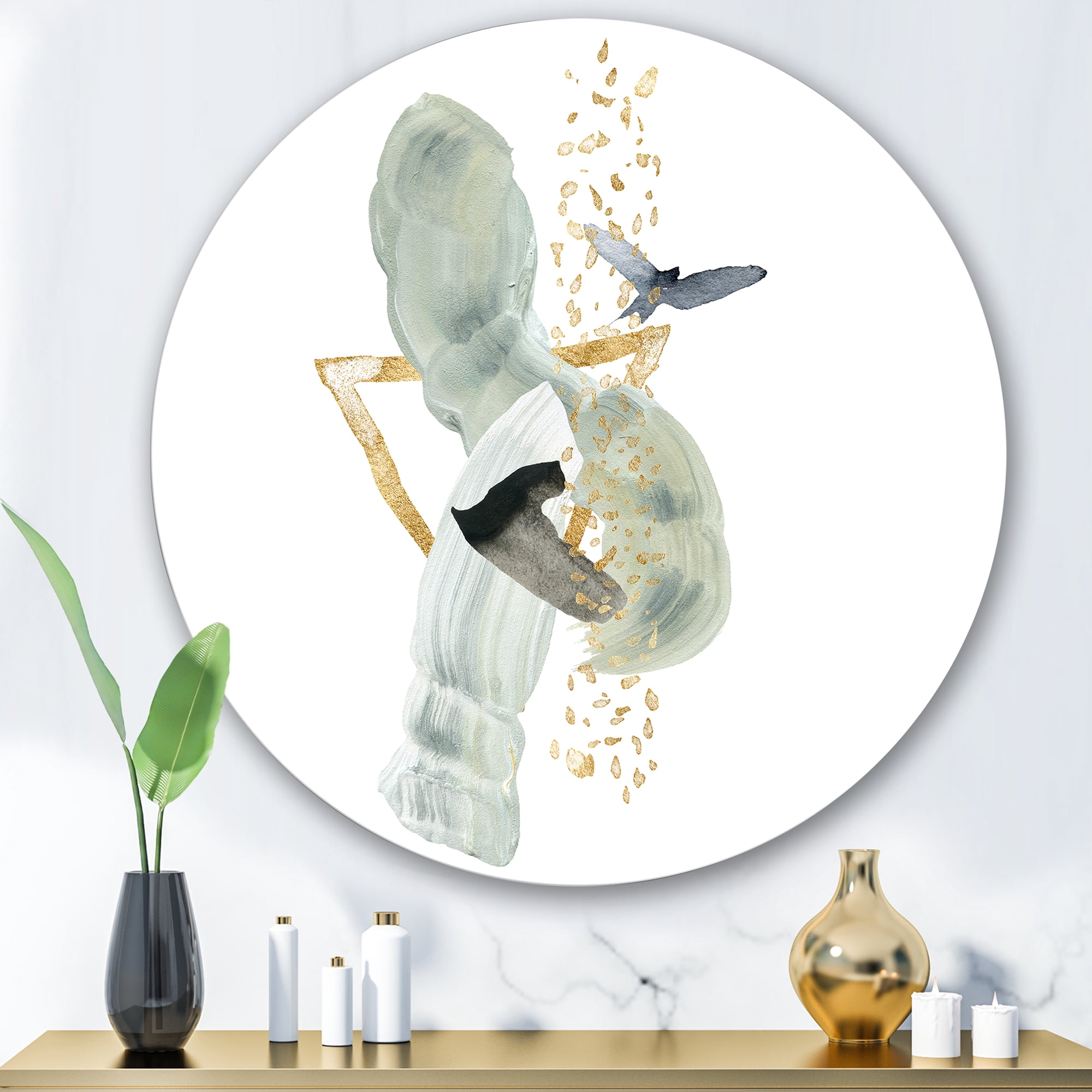 Designart 'Abstract Golden Mountain With Bird and Moon' Modern Circle Metal Wall Art 36x36 - Disc of 36