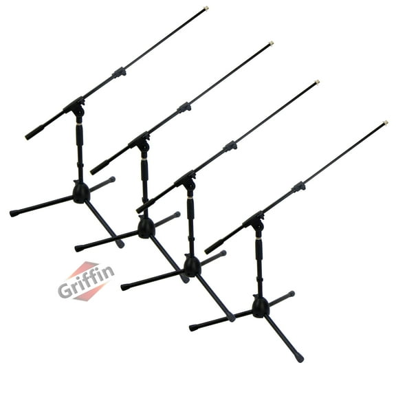 4 PACK - Griffin Low Profile Microphone Stand Short Tripod Mic Stand Mount with Boom Arm for Bass Drum, Studio Recording, Stage Monitor Speakers & Guitar Amplifiers Small Height Telescoping Holder