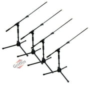 4 PACK - Griffin Low Profile Microphone Stand Short Tripod Mic Stand Mount with Boom Arm for Bass Drum, Studio Recording, Stage Monitor Speakers & Guitar Amplifiers Small Height Telescoping Holder