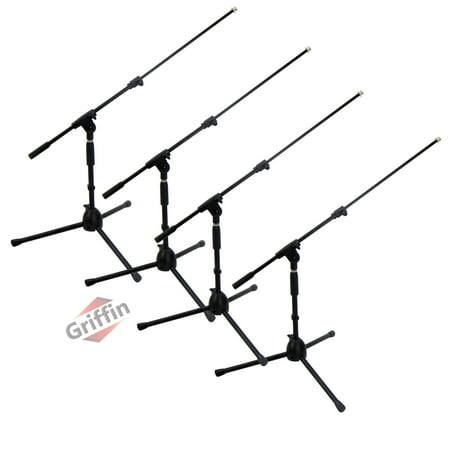 4 PACK - Griffin Low Profile Microphone Stand Short Tripod Mic Stand Mount with Boom Arm for Bass Drum, Studio Recording, Stage Monitor Speakers & Guitar Amplifiers Small Height Telescoping Holder