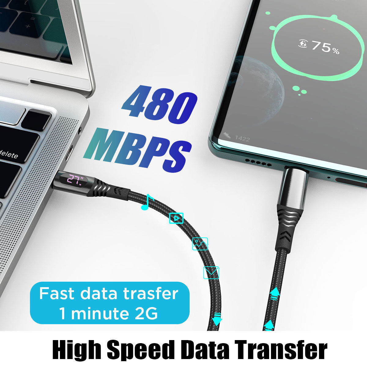 AICase 100W USB-C to USB-C Cable 100W Fast Charger Type-C Charging Data Cord LED Display Cable