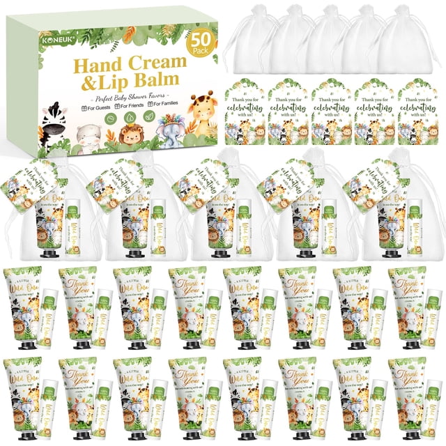 50 Pack Bulk Hand Cream and Lip Balm Gifts Sets, Baby Shower Favors and Bridal Shower Favors for Guests with Thank You Card and Organza Gif