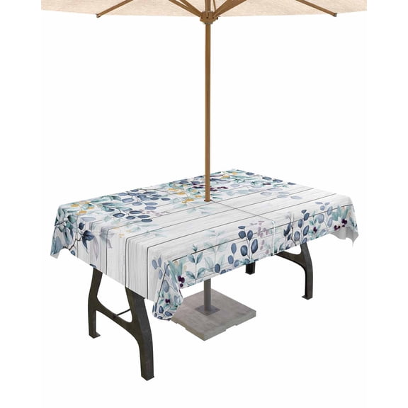 Outdoor Tablecloth with Umbrella Hole for Patio/Picnic/Party/Camping, Bluish Green Eucalyptus Leaves Waterproof Table Cloth Rectangle Table Cover Washable, Botanical Farm Rustic Wood 54"x 80"