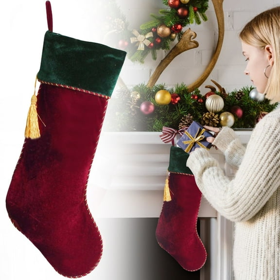 Red & Green Velvet Christmas Stocking with Tassel, Xmas Tree & Home Holiday Decoration Red
