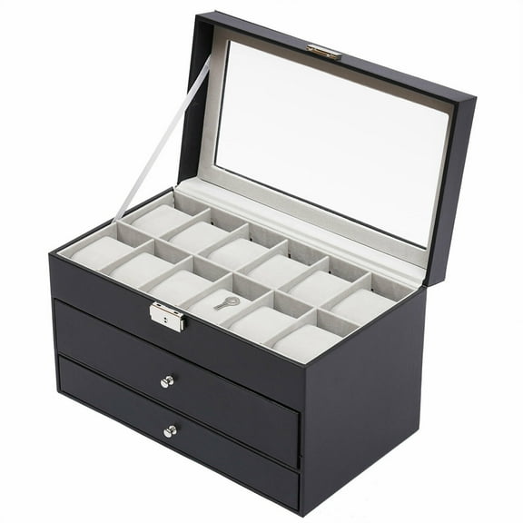 25 Slots Lockable Watch Storage Box 3 Tiers Black Jewelry Organizer Case Jewelry Display Box with Lid