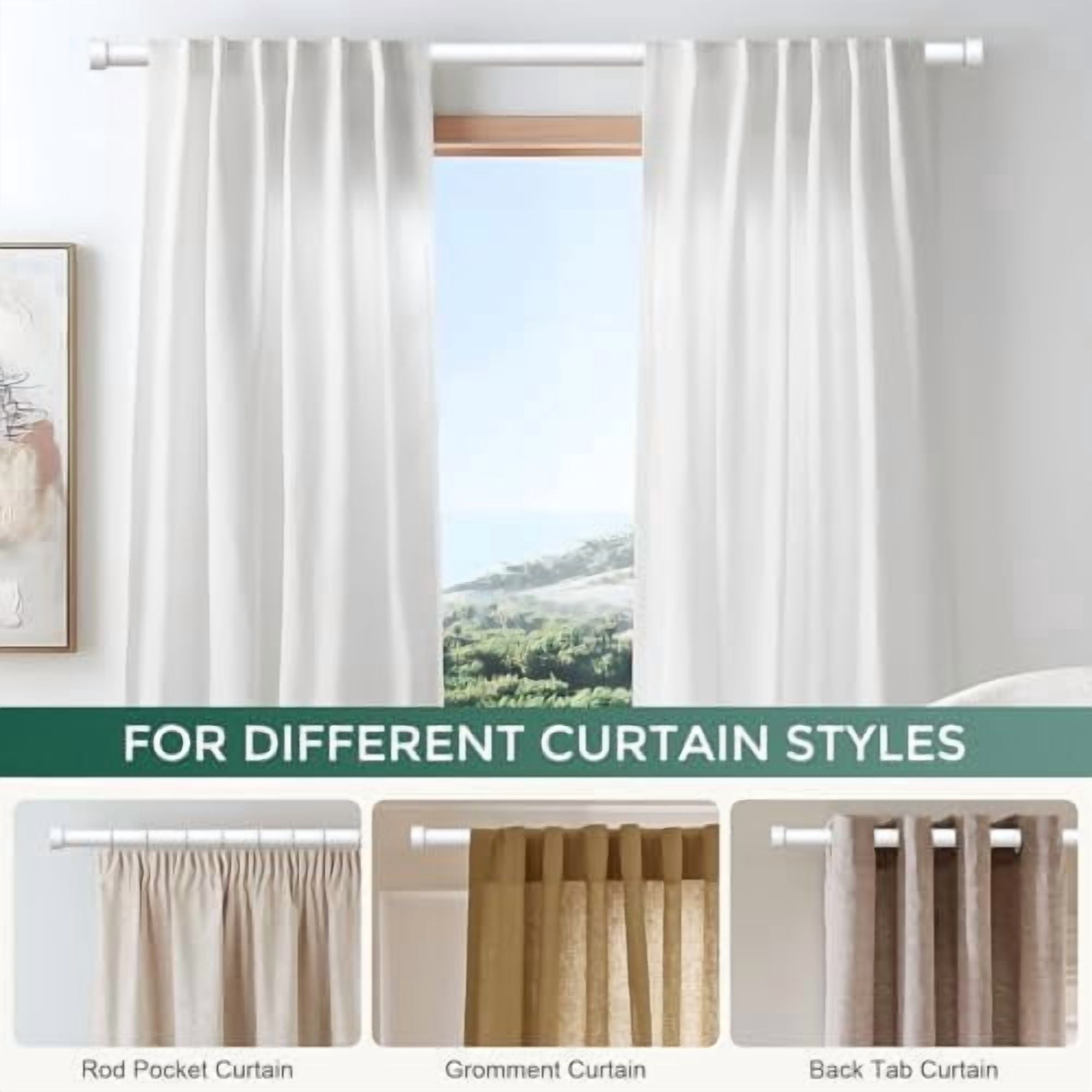 White Curtain Rods for Windows 36 to 176 Inch(3-14 Feet),1" Diameter Rods with Modern Style End Cap Finials,Size:36-176 Inch