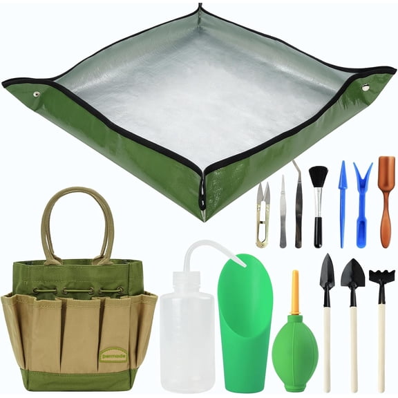 Succulent Tools Kit with Organizer Bag- 13Pcs Indoor Gardening Tools |Mini Succulent Hand Tools with Tote, Succulent Transplanting Supplies, Present for Gardeners Plant Care (Green)