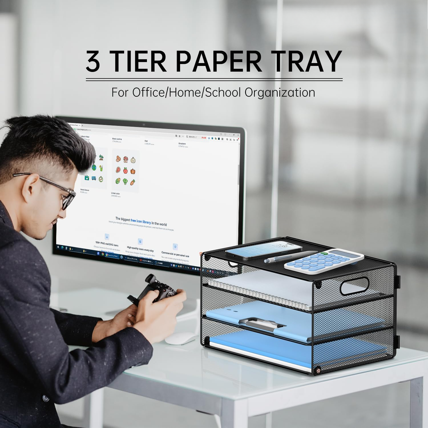 INTIGE 3-Tier File Organizer with Handles, Mesh Desktop Storage Cabinet, Suitable for Home and Office, Black