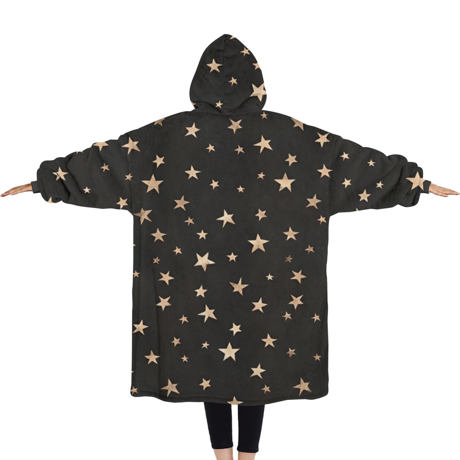 Oversized Wearable Blanket Hoodie,Black Star Pattern Sherpa Blanket Hoodie with Super Pockets,Super Warm Fuzzy Pullover for Women & Men