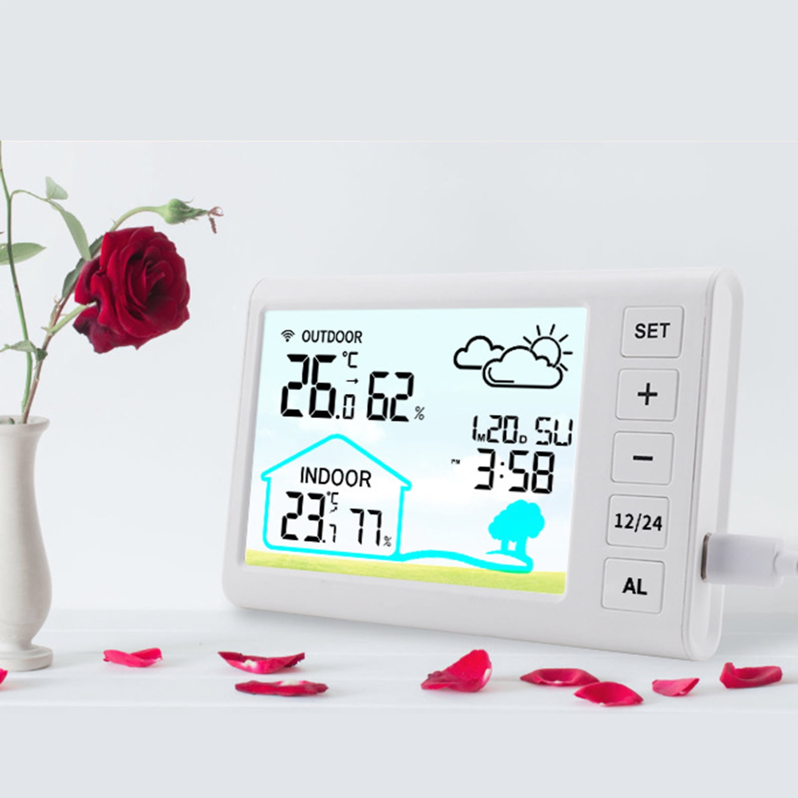 Riousery Wireless Weather Station Indoors Outdoors Temperature Humidity Display Clock Alarm with Adjustable Backlight, 5.3x3.3 inches / 13.5x8.4 cm