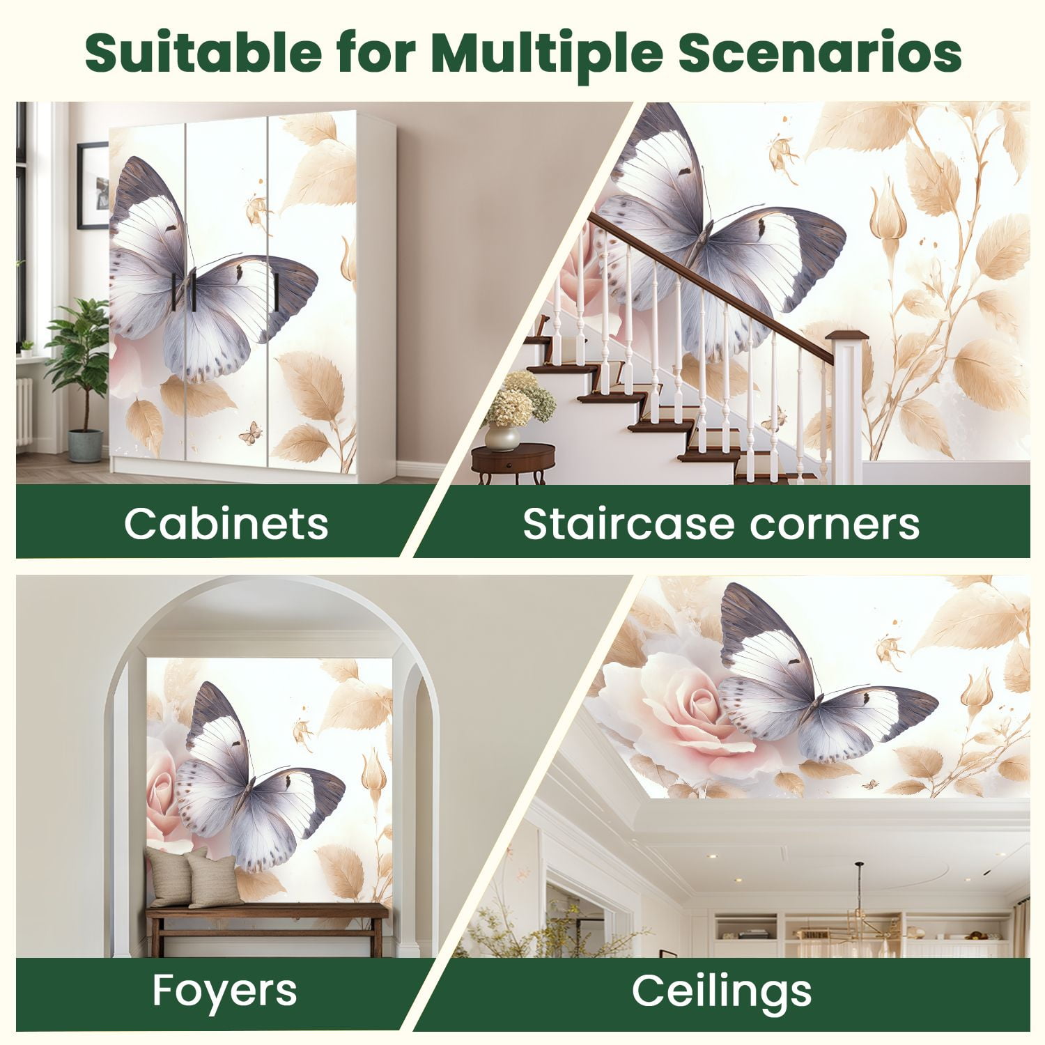 Peel and Stick Wallpaper Vintage Floral Cream Beige Flower Farmhouse Rose Butterfly Leaves Buds Modern Art Wall Mural Decor Self Adhesive and Removable 100in x 144in