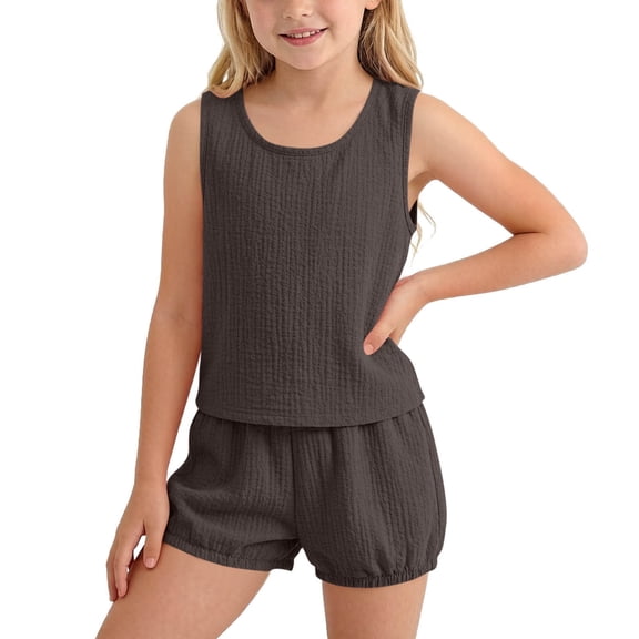 Amidoa Girls Summer Outfit Sets 2 Piece T-Shirt Solid color Tank Top and Shorts Set Kids Clothing Sets Brown Size 6